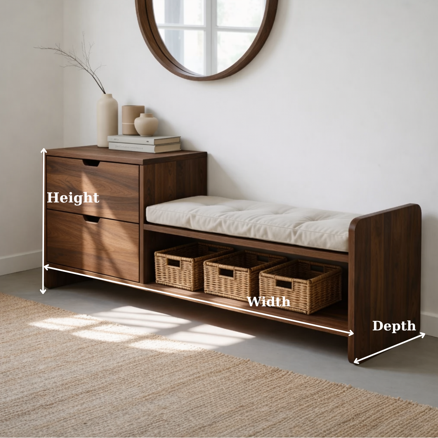 Solid Wood Entryway Storage Bench with Drawers, Cushion Seat & Basket Shelf – Shoe Storage Bench
