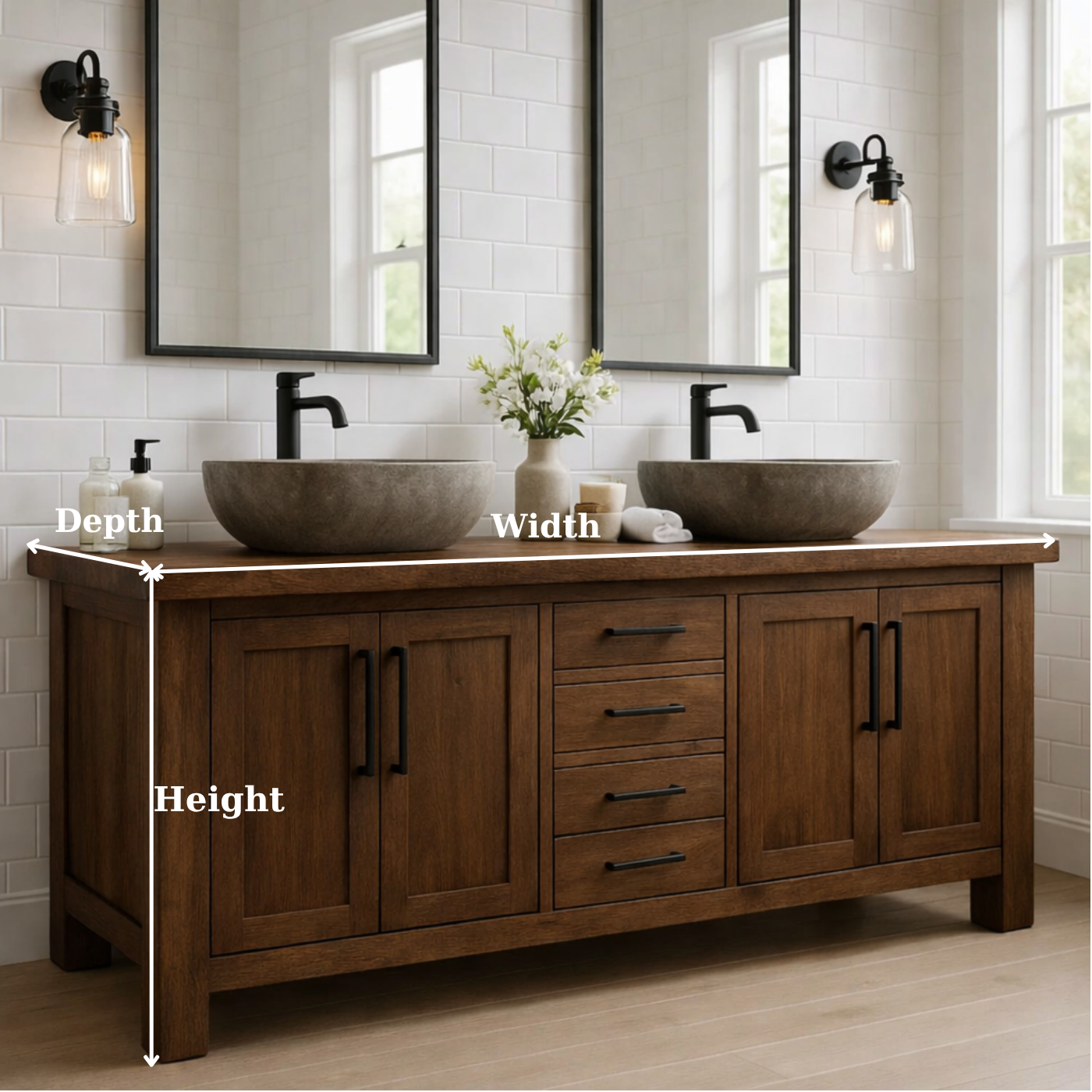 Solid Wood Double Bathroom Vanity Cabinet with Drawers & Doors – Rustic Farmhouse Vanity Base