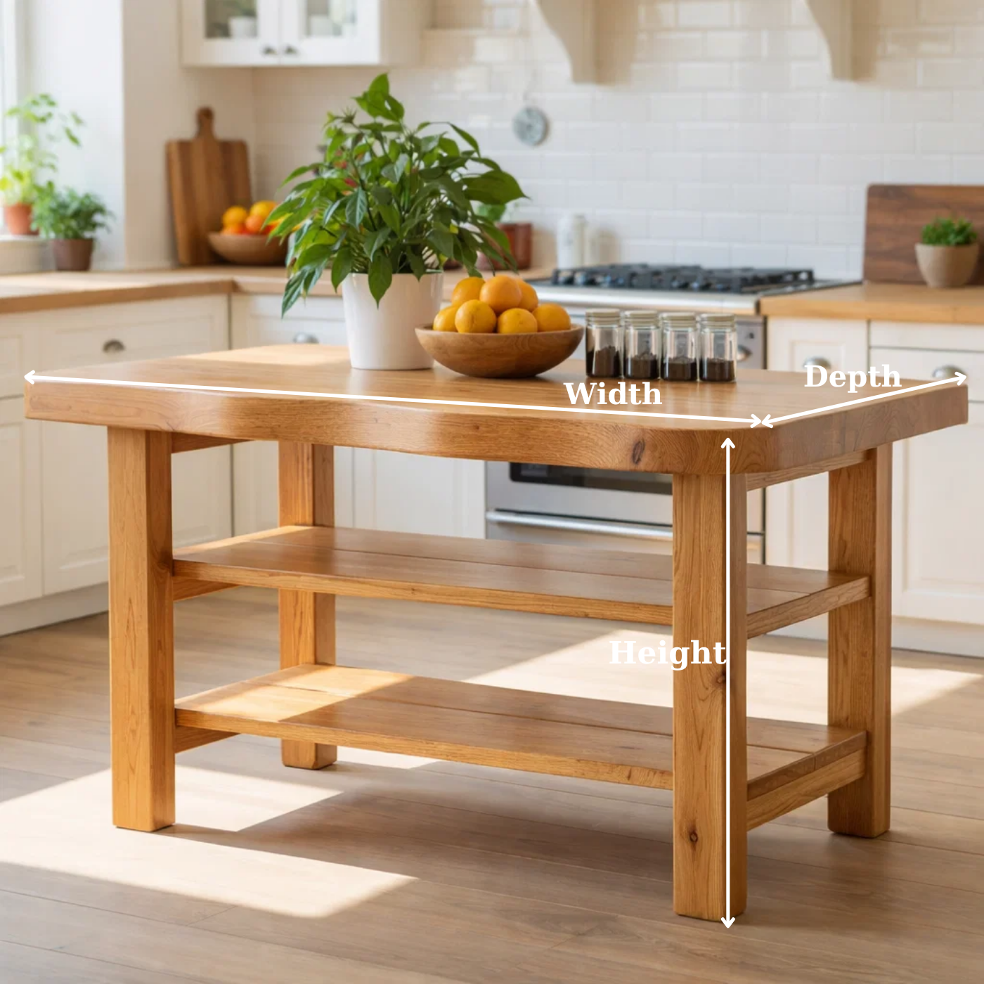 Solid Wood Kitchen Island Table with Double Storage Shelves – Farmhouse Prep & Storage Table