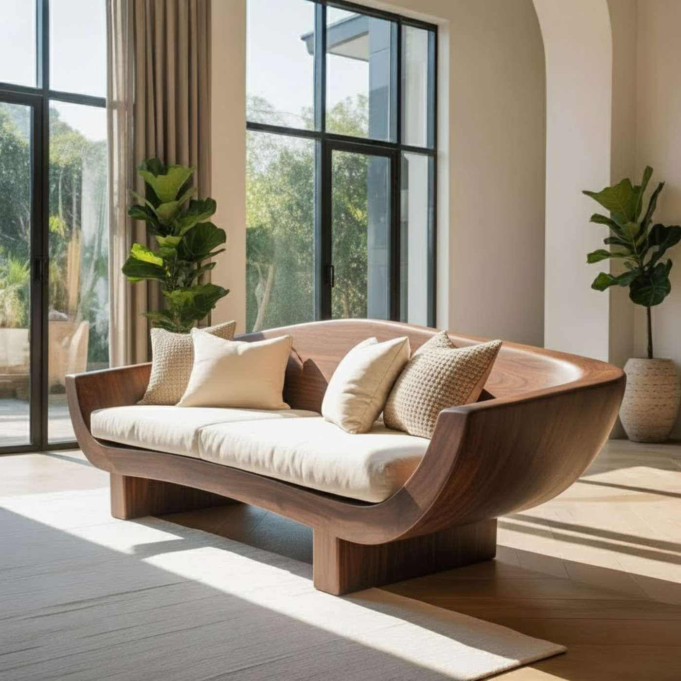 Luxury Sculptural Solid Wood Sofa with Organic Curved Frame
