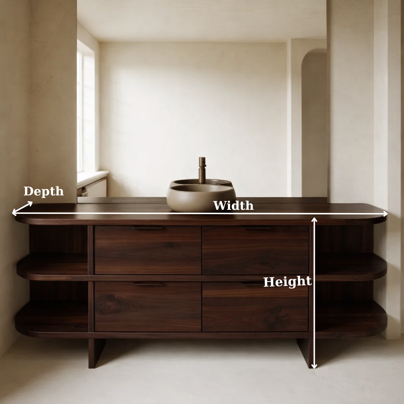 Solid Wood Bathroom Vanity with Drawers and Open Side Shelves – Modern Rustic Vanity Cabinet