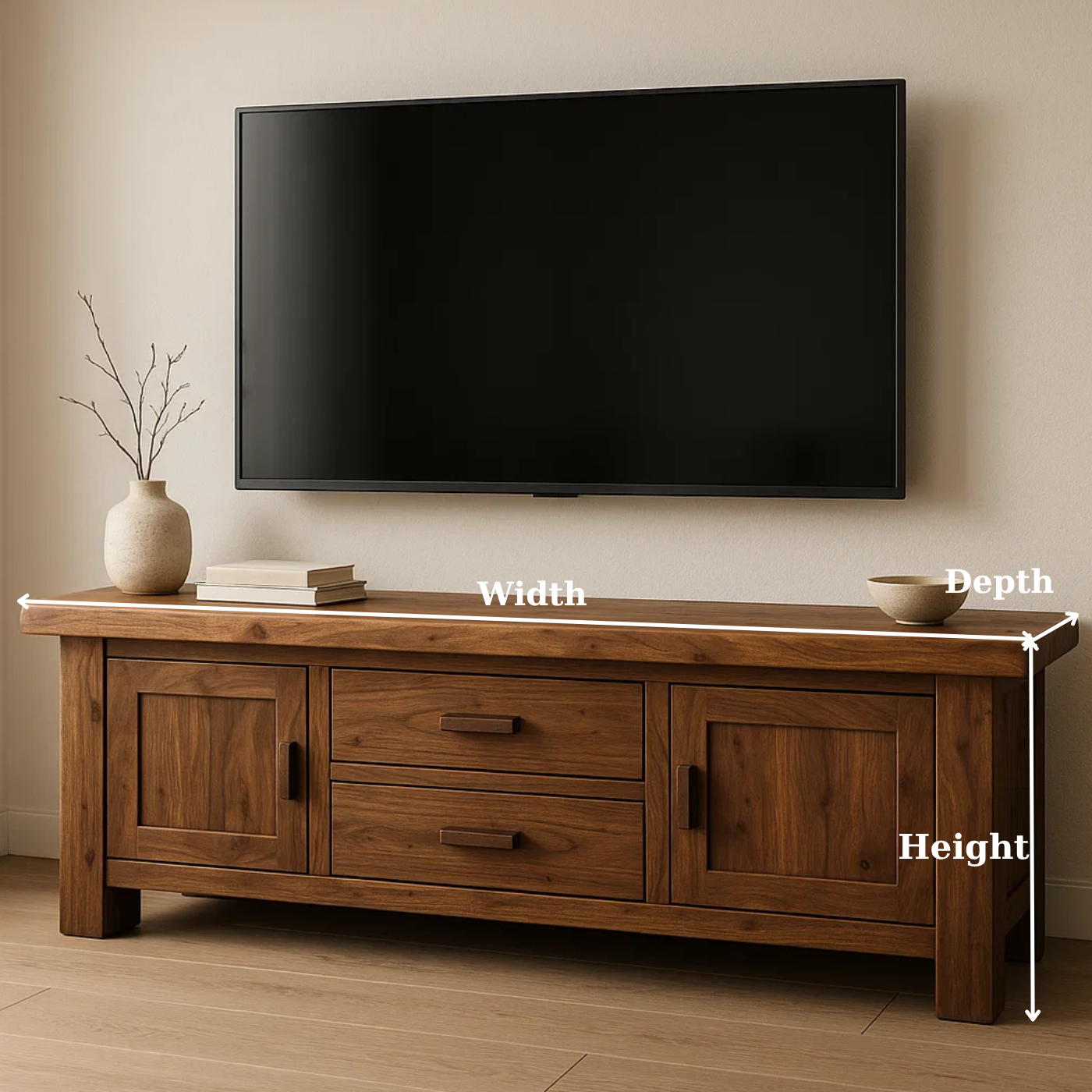 Solid Wood TV Stand with Drawers and Cabinets – Rustic Modern Media Console