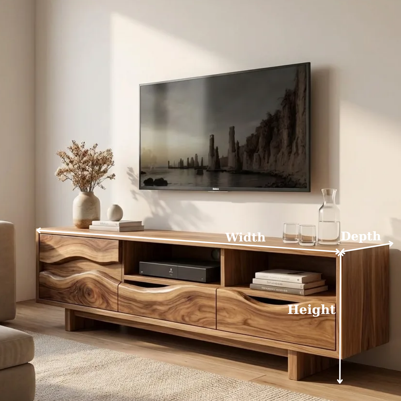 Solid Wood TV Stand with Wave Carved Drawers – Modern Rustic Media Console