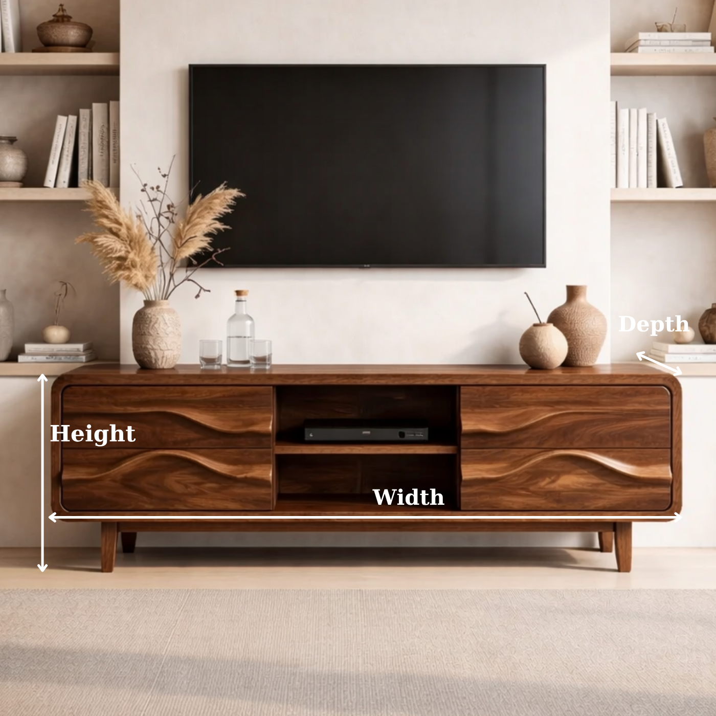 Solid Wood TV Stand with Carved Wave Front – Modern Rustic Media Console