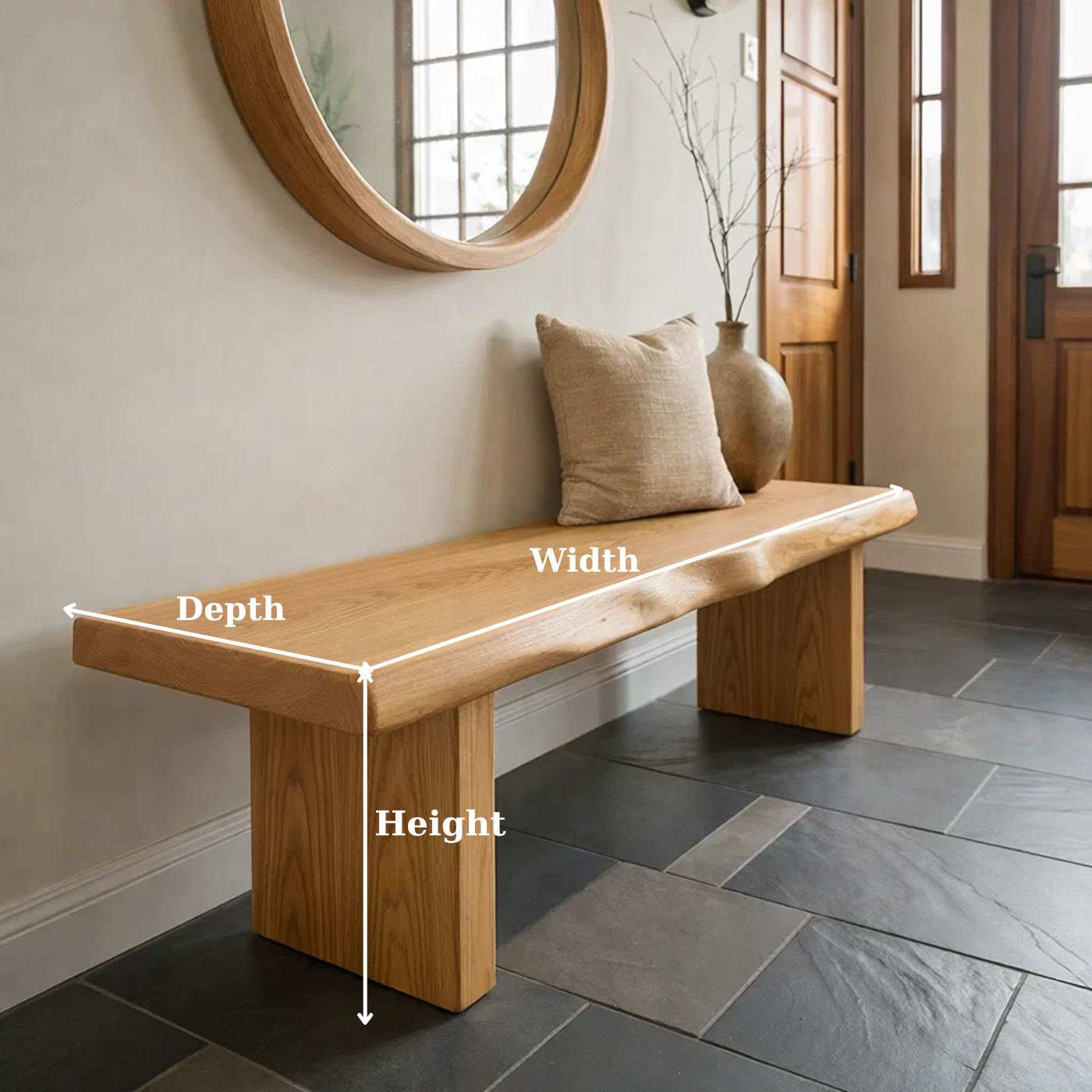 Solid Wood Entryway Bench with Live Edge Seat – Rustic Modern Hallway Bench