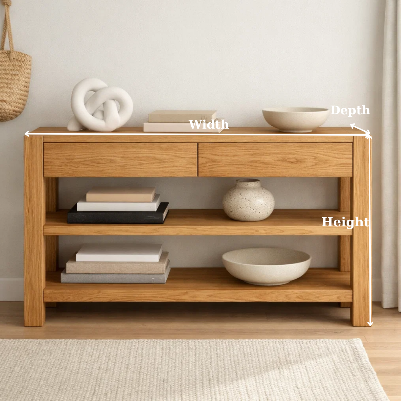 Solid Wood Console Table with Drawers and Shelves – Modern Oak Entryway Storage Table