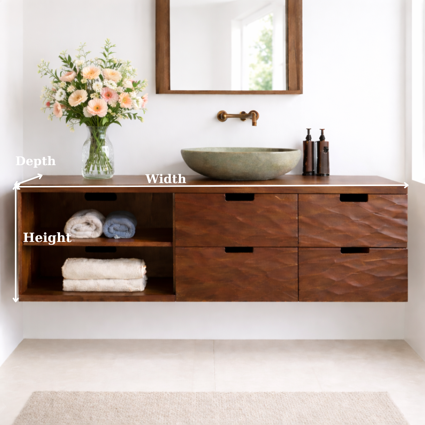 Floating Solid Wood Bathroom Vanity with Textured Drawer Fronts and Open Shelf – Modern Rustic Wall Mounted Vanity