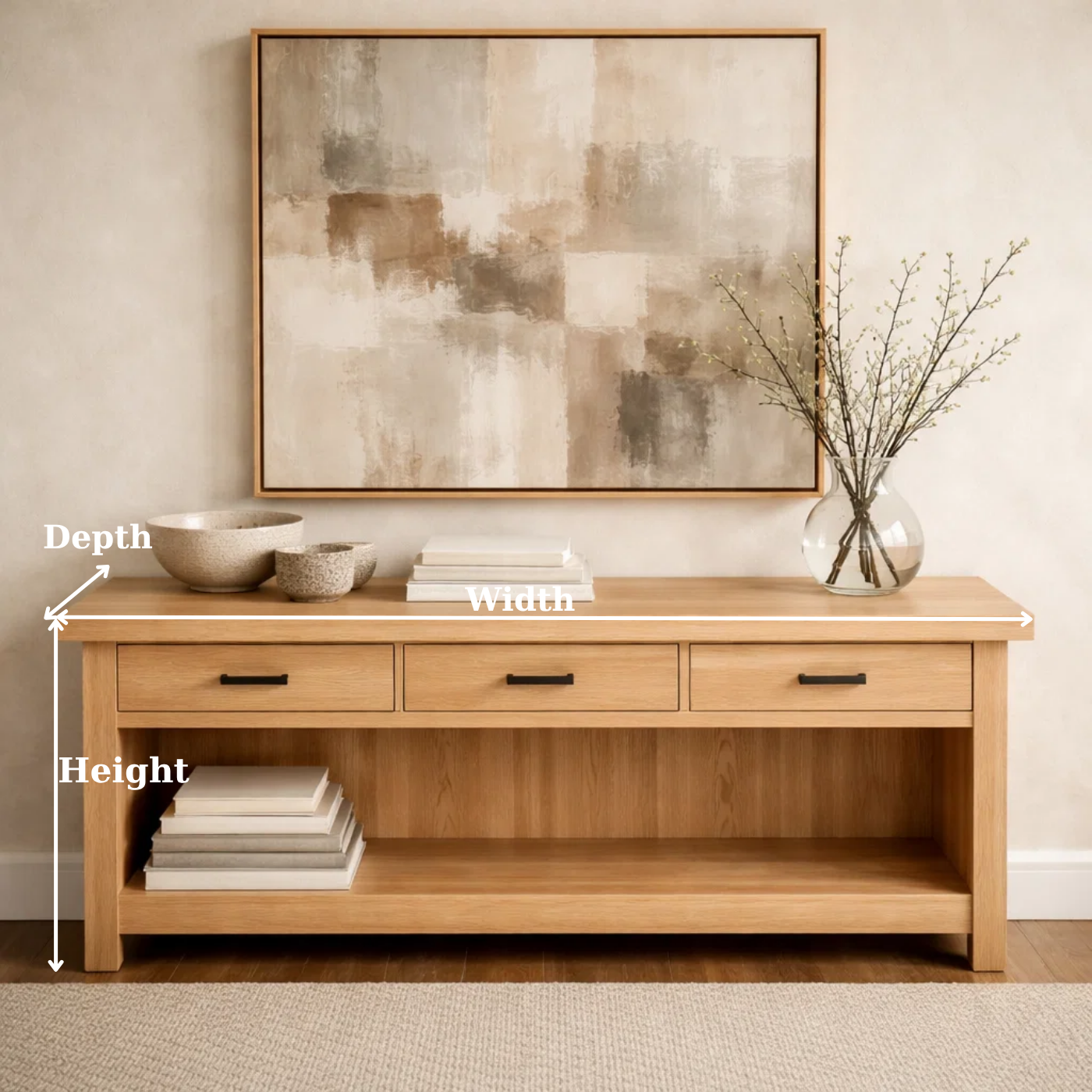 Handcraft Solid Wood Console Table with Drawers and Open Shelf