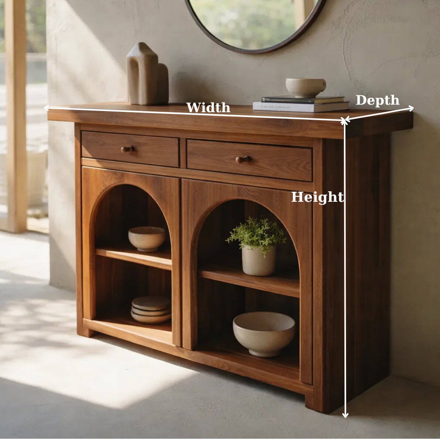 Solid Wood Console Cabinet with Arched Shelves – Modern Entryway Storage Console