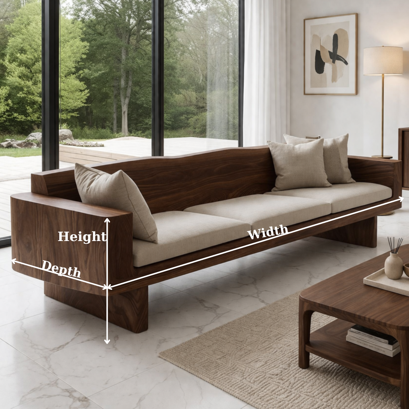 Walnut Solid Wood Sofa – Modern Rustic Wooden Living Room Sofa