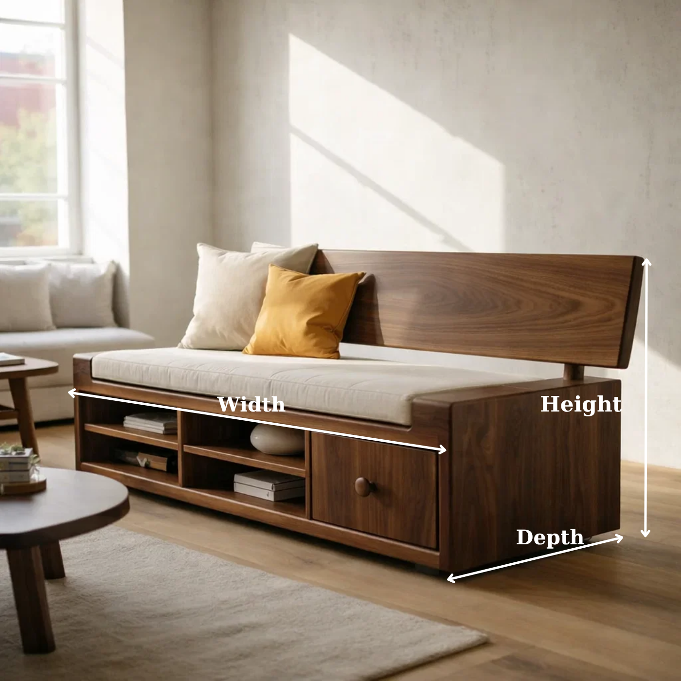 Solid Wood Storage Sofa – Walnut Wooden Sofa with Built-in Shelves