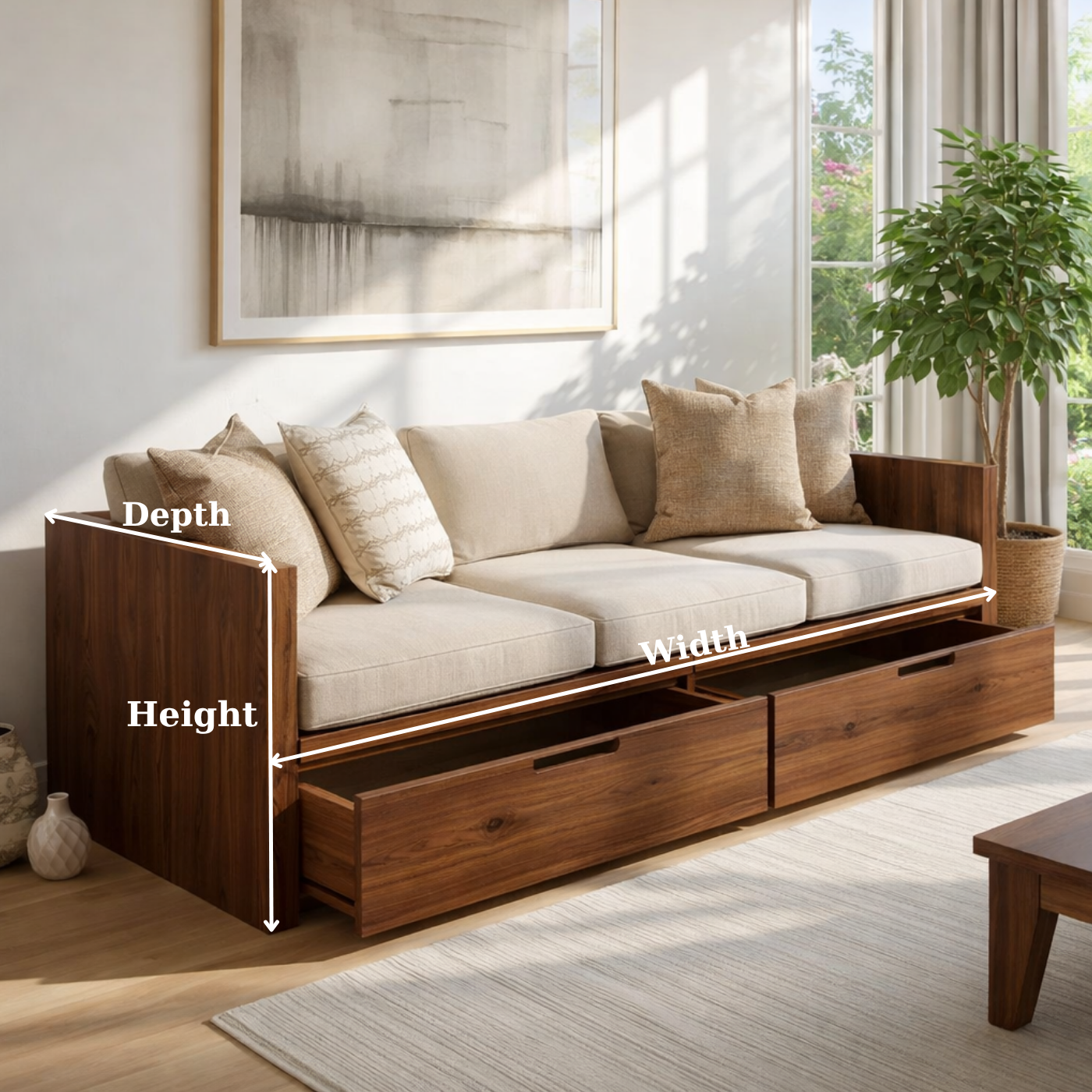Solid Wood Storage Sofa – Walnut Wooden Sofa with Large Drawers