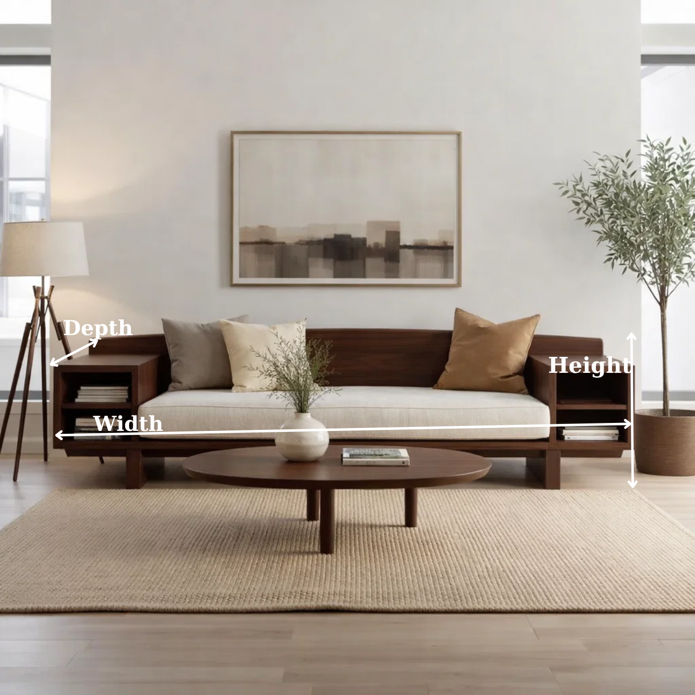 Walnut Solid Wood Sofa with Side Shelves – Modern Wooden Living Room Sofa
