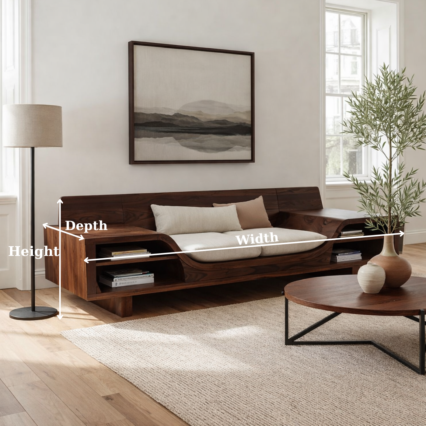 Walnut Solid Wood Sofa with Shelves – Modern Sculptural Wooden Sofa
