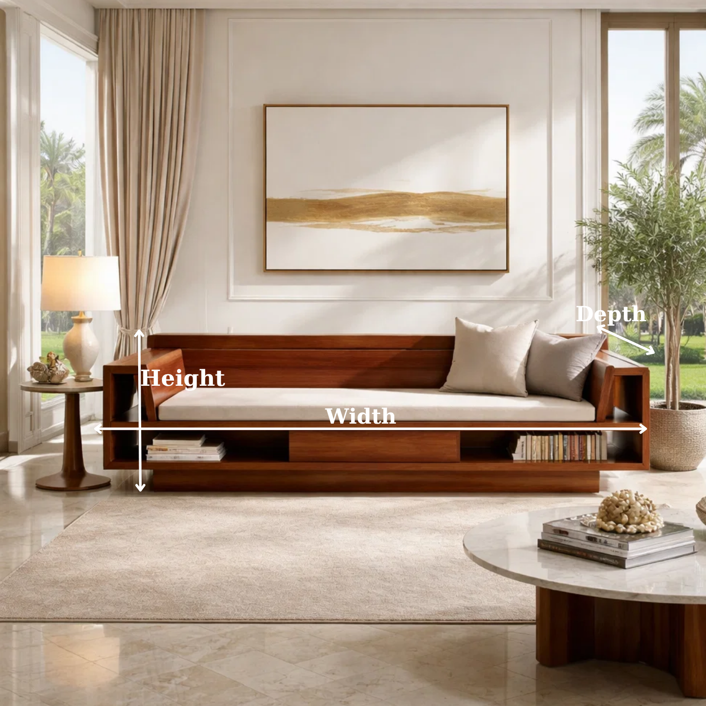 Solid Wood Storage Sofa – Modern Wooden Sofa with Shelf and Drawer