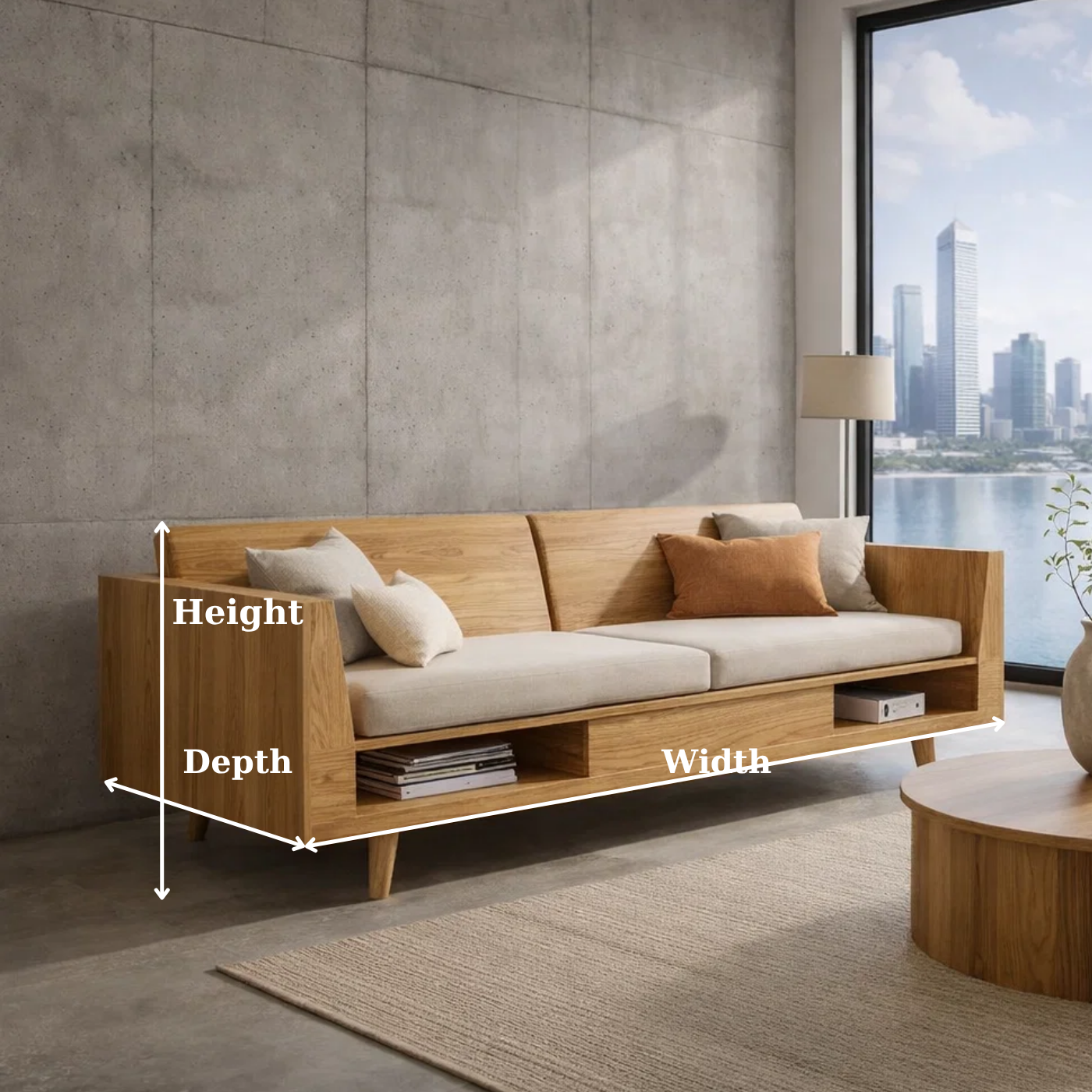 Solid Wood Storage Sofa – Modern Oak Wooden Sofa with Open Shelf