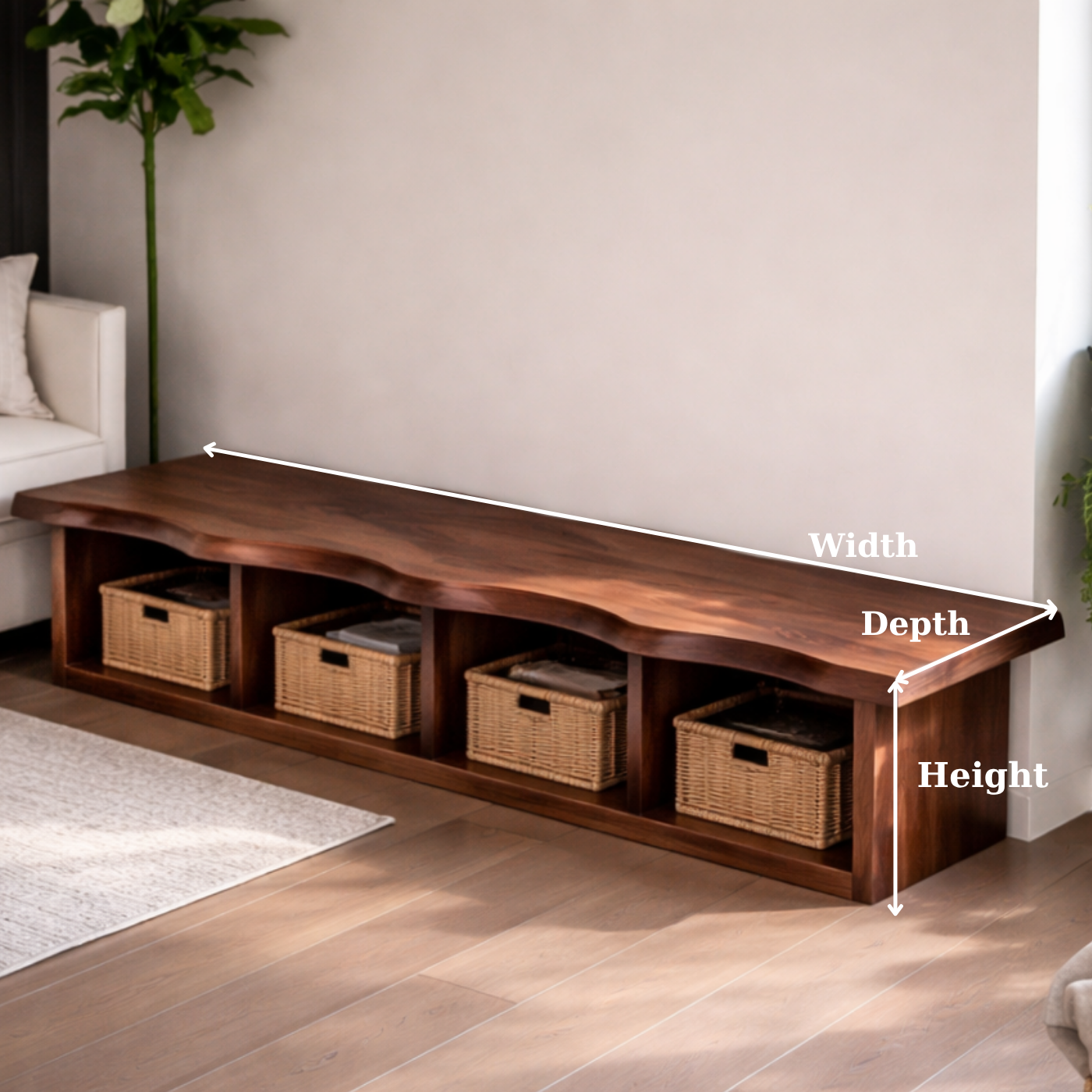 Solid Wood Storage Bench – Live Edge Wooden Bench with Open Cubby Shelves