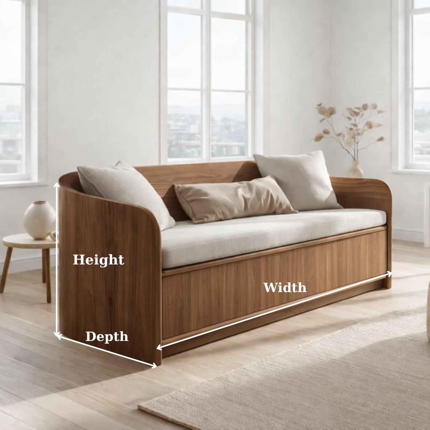Solid Wood Storage Sofa – Curved Wooden Sofa with Hidden Storage Base