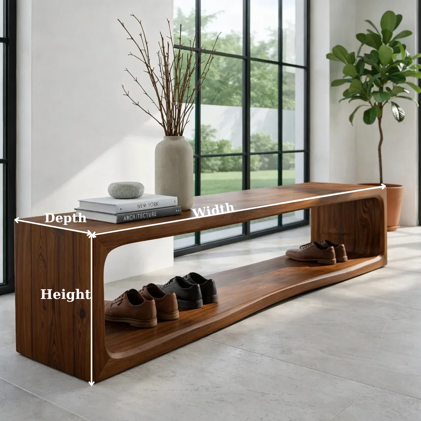 Solid Wood Console Table – Modern Waterfall Wood Console with Open Shelf