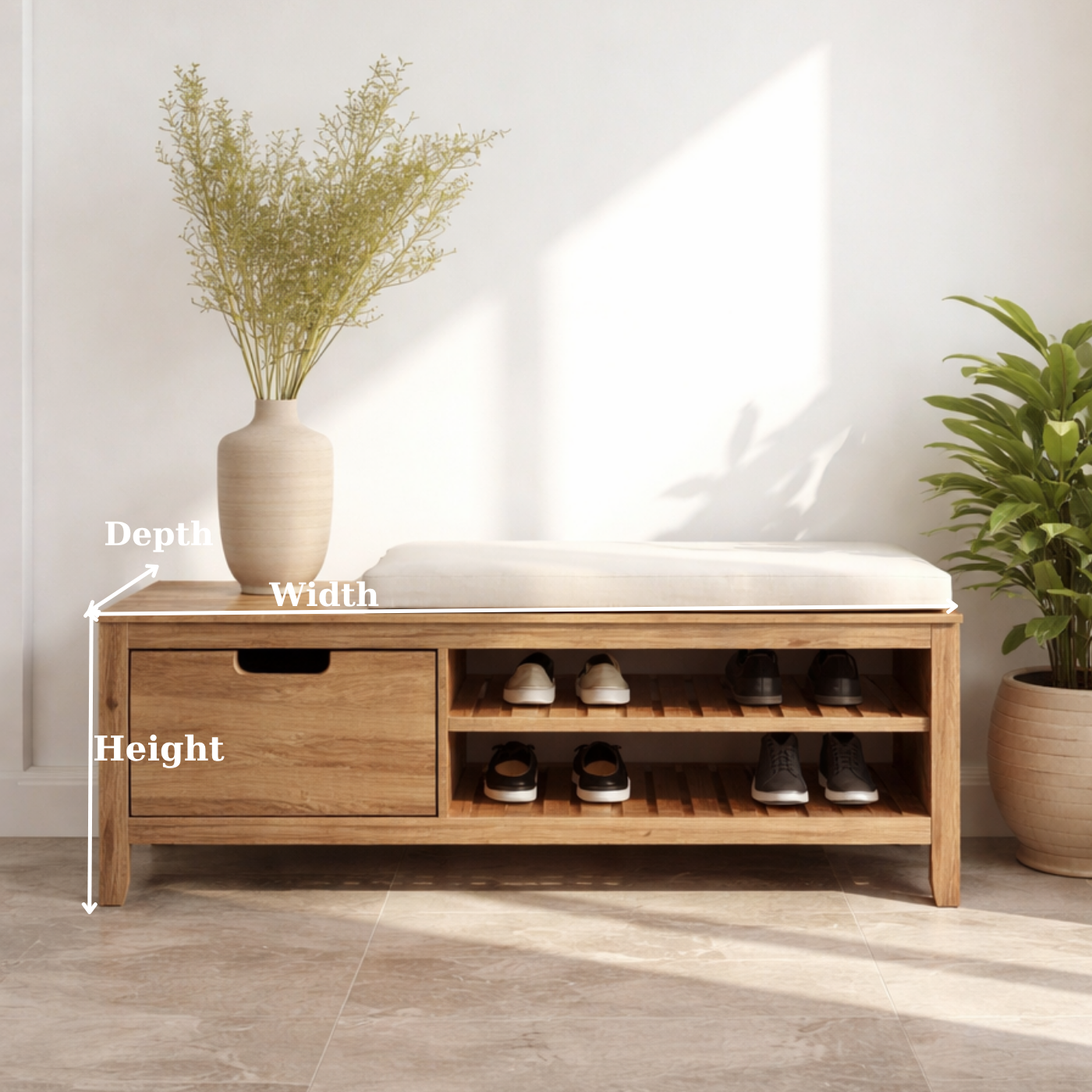 Solid Wood Shoe Storage Bench – Entryway Wooden Bench with Shoe Rack and Drawer