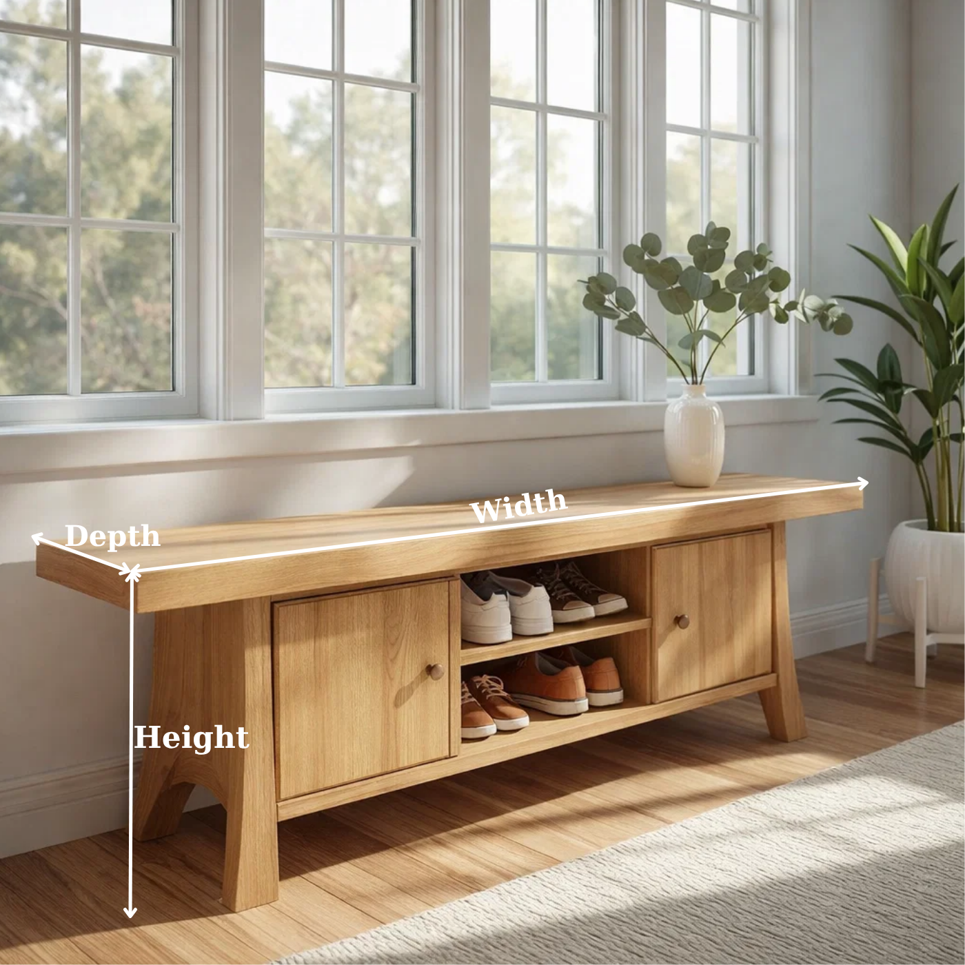 Solid Wood Shoe Storage Bench – Entryway Bench with Cabinet Doors and Open Shelf