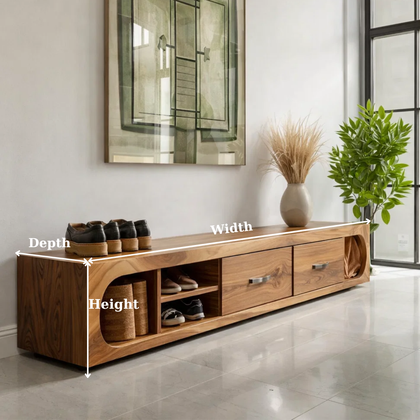 Solid Wood Shoe Storage Bench – Modern Entryway Bench with Drawers and Open Shelf