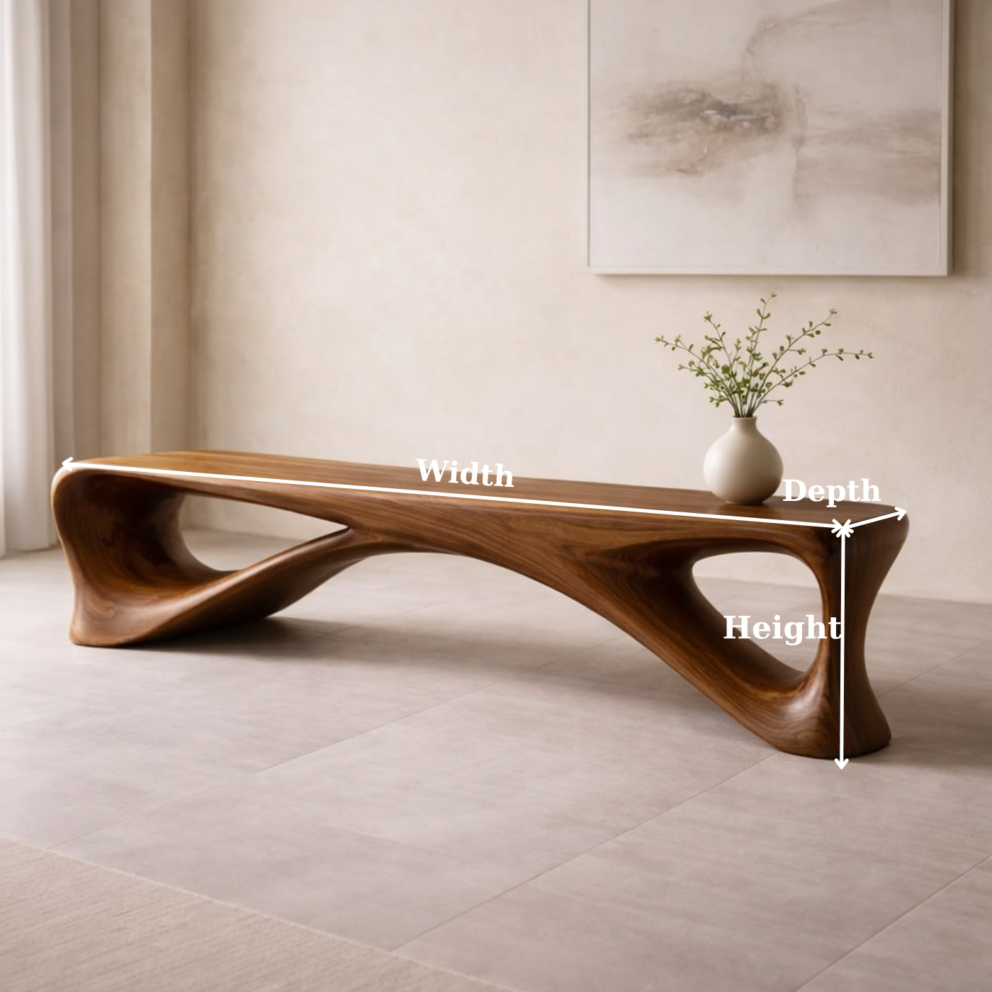 Sculptural Wooden Bench, Modern Curved Entryway Seat, Artistic Statement Bench for Living Room