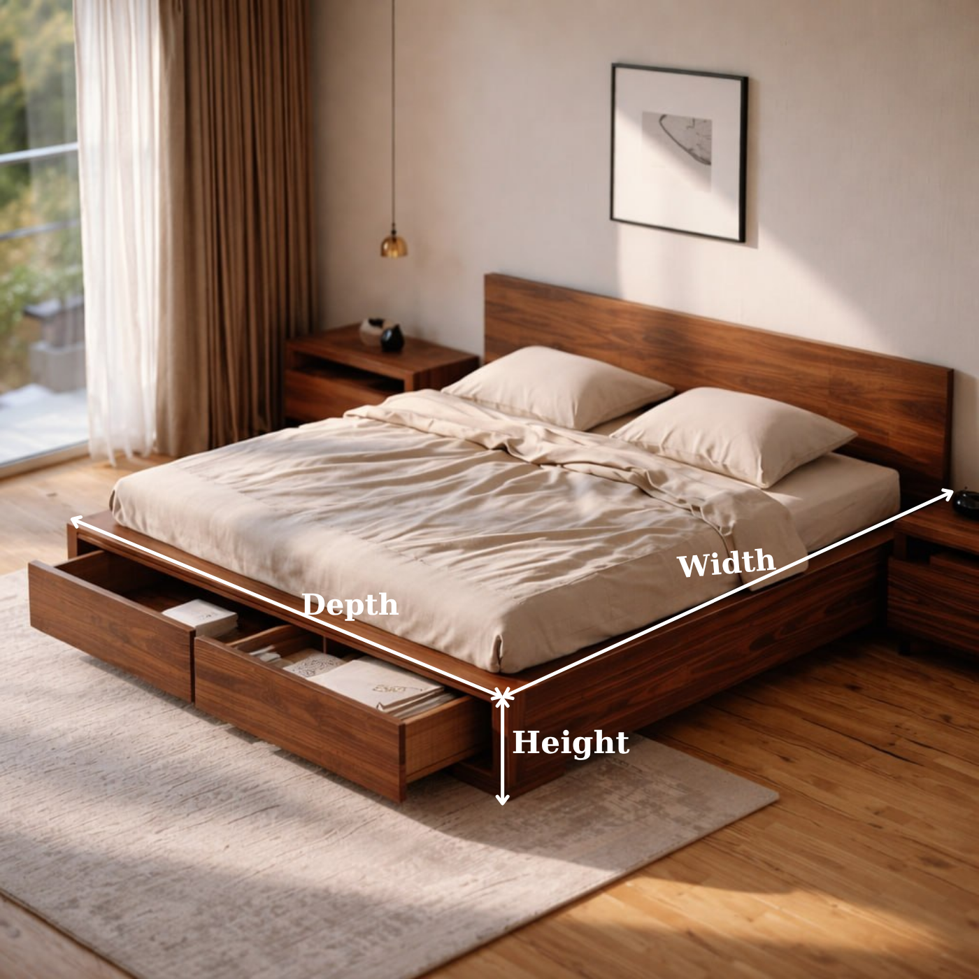 Modern Platform Bed with Storage Drawers, Minimalist Wooden Bed Frame for Bedroom Home Decor