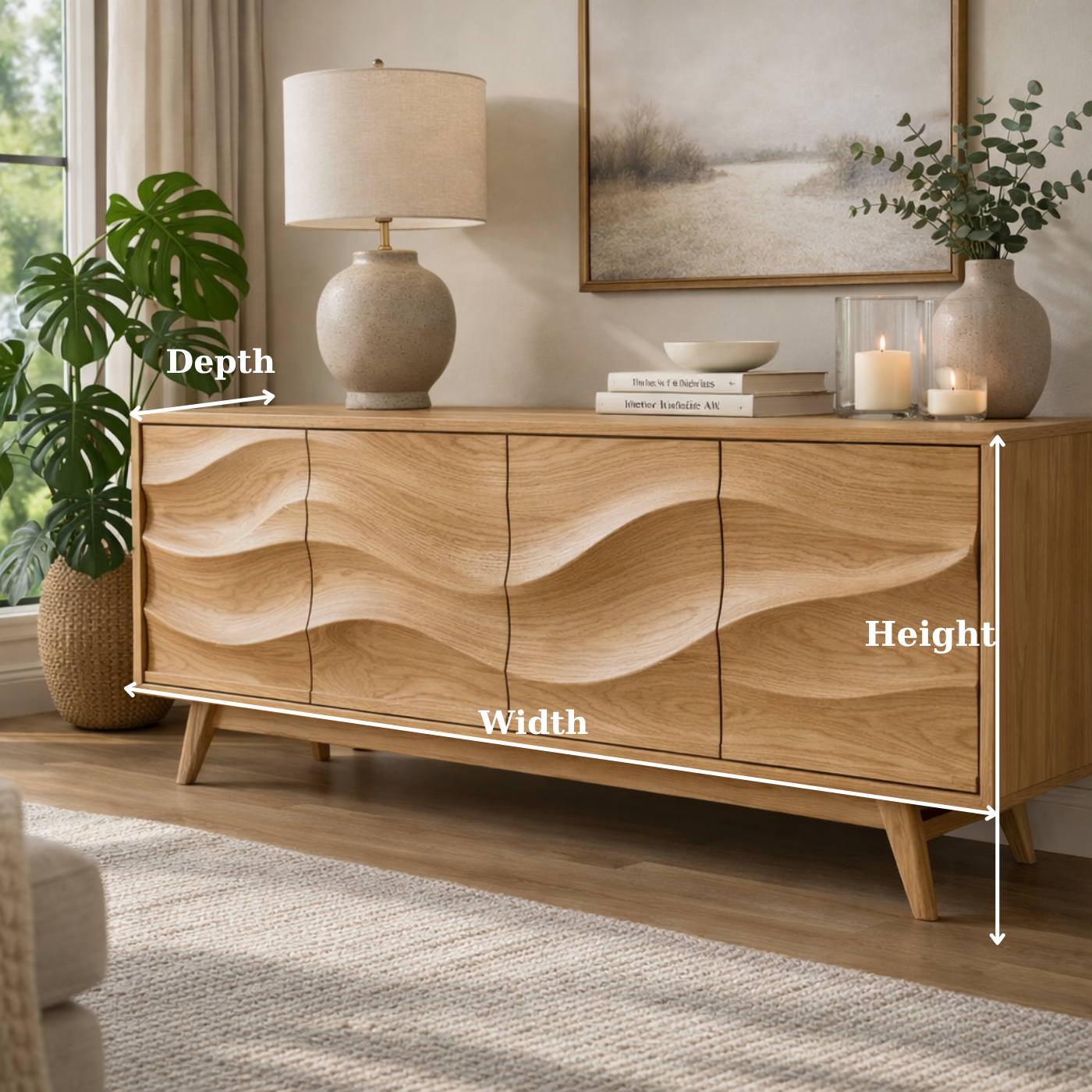 Solid Wood Console Table with Sculptural Wave Front for Modern Living Space