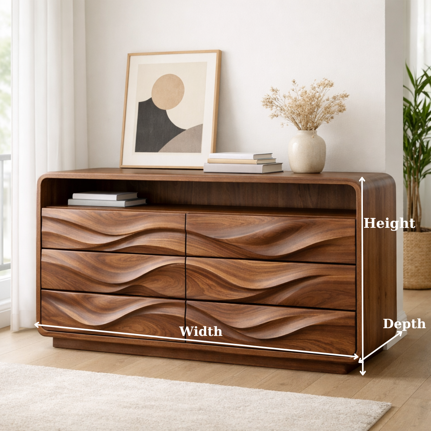 Solid Wood Console Table with Drawer Storage and Sculptural Wave Front Design