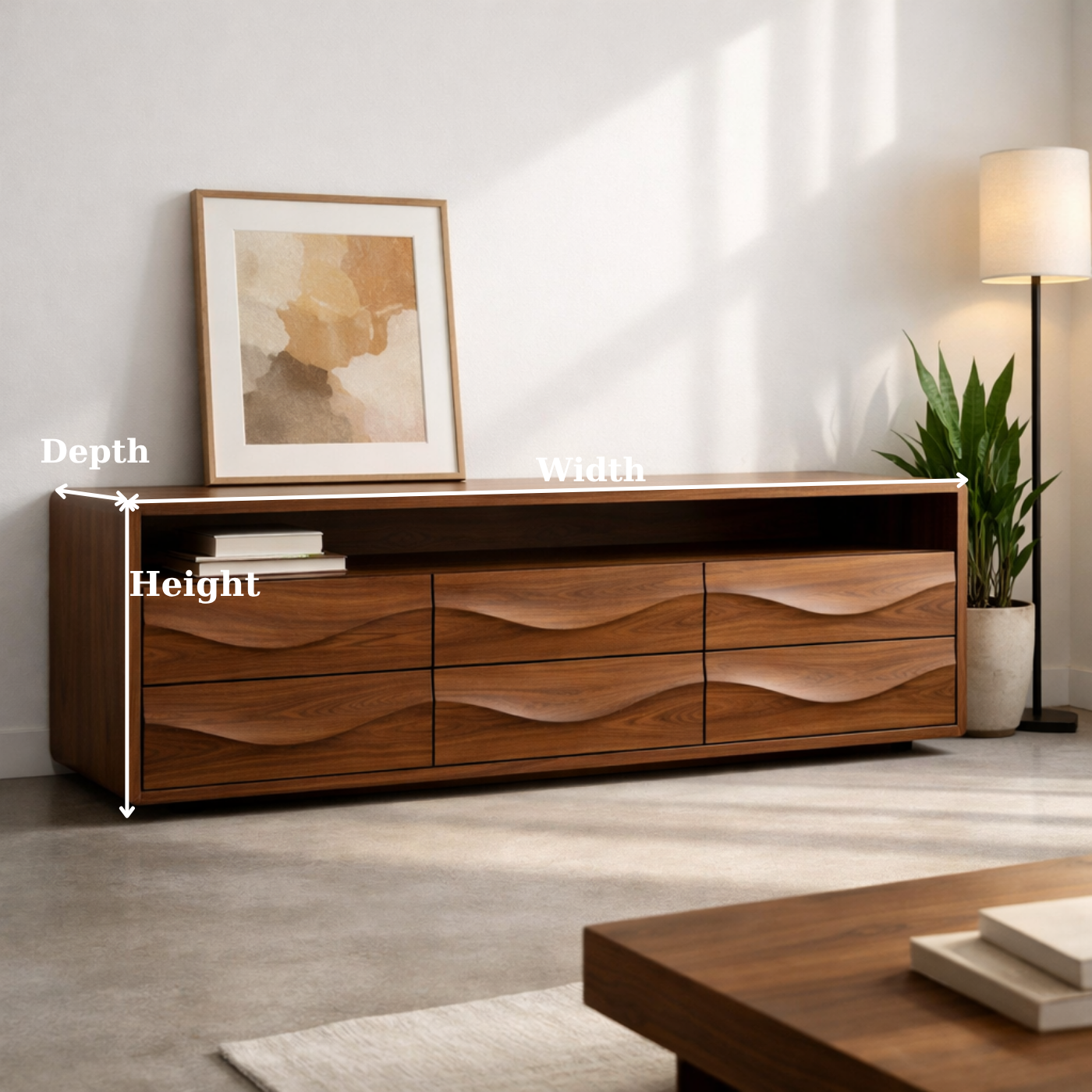 Solid Wood Console Table with Low Profile and Sculptural Wave Drawers