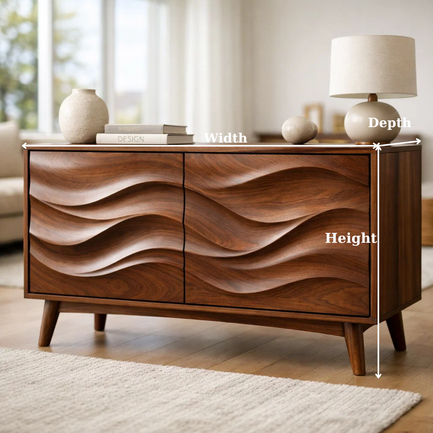 Solid Wood Console Table with Sculptural Wave Doors and Mid-Century Legs