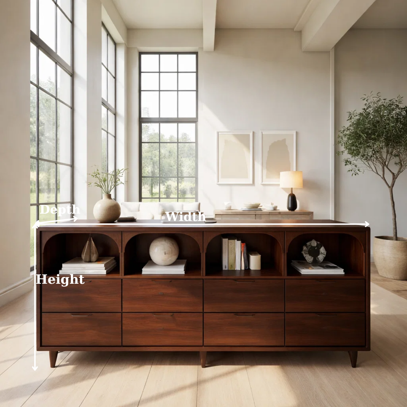 Solid Wood Console Table with Arched Open Shelves and Drawer Storage