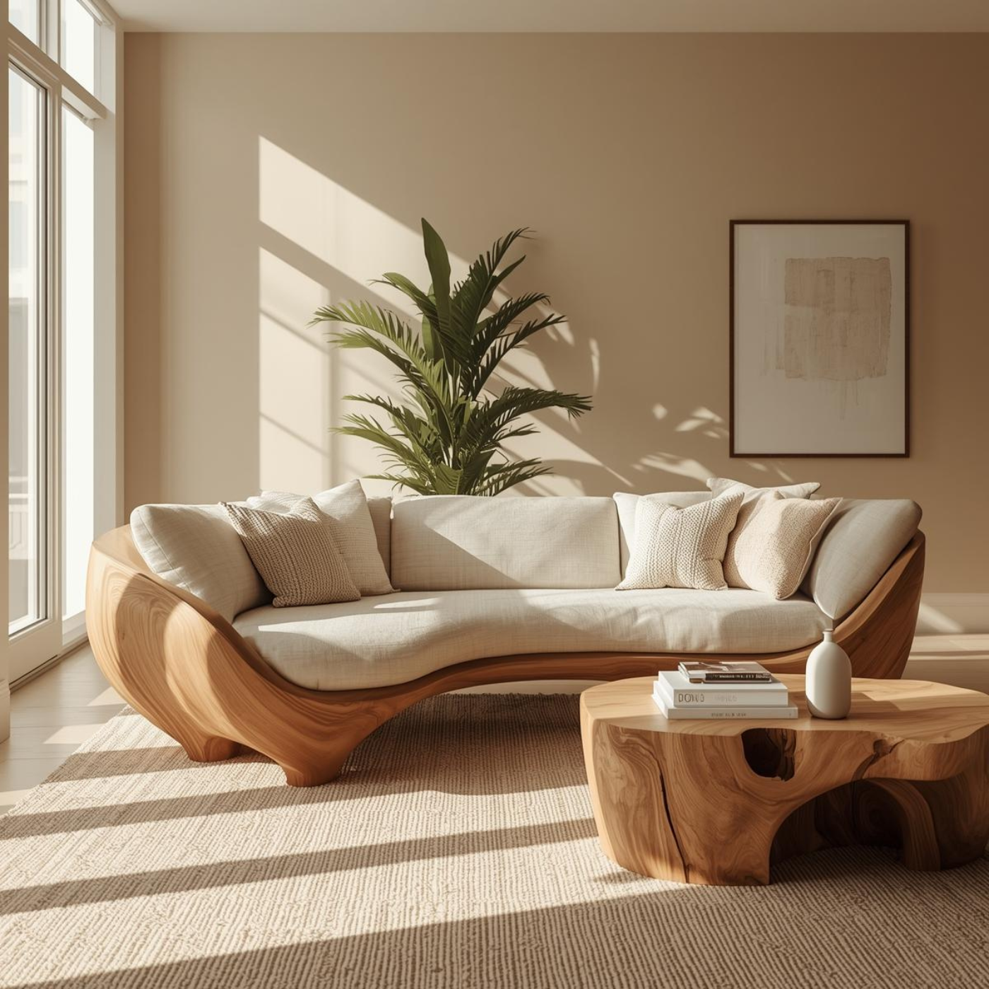 Luxury Curved Solid Wood Sofa with Organic Modern Design