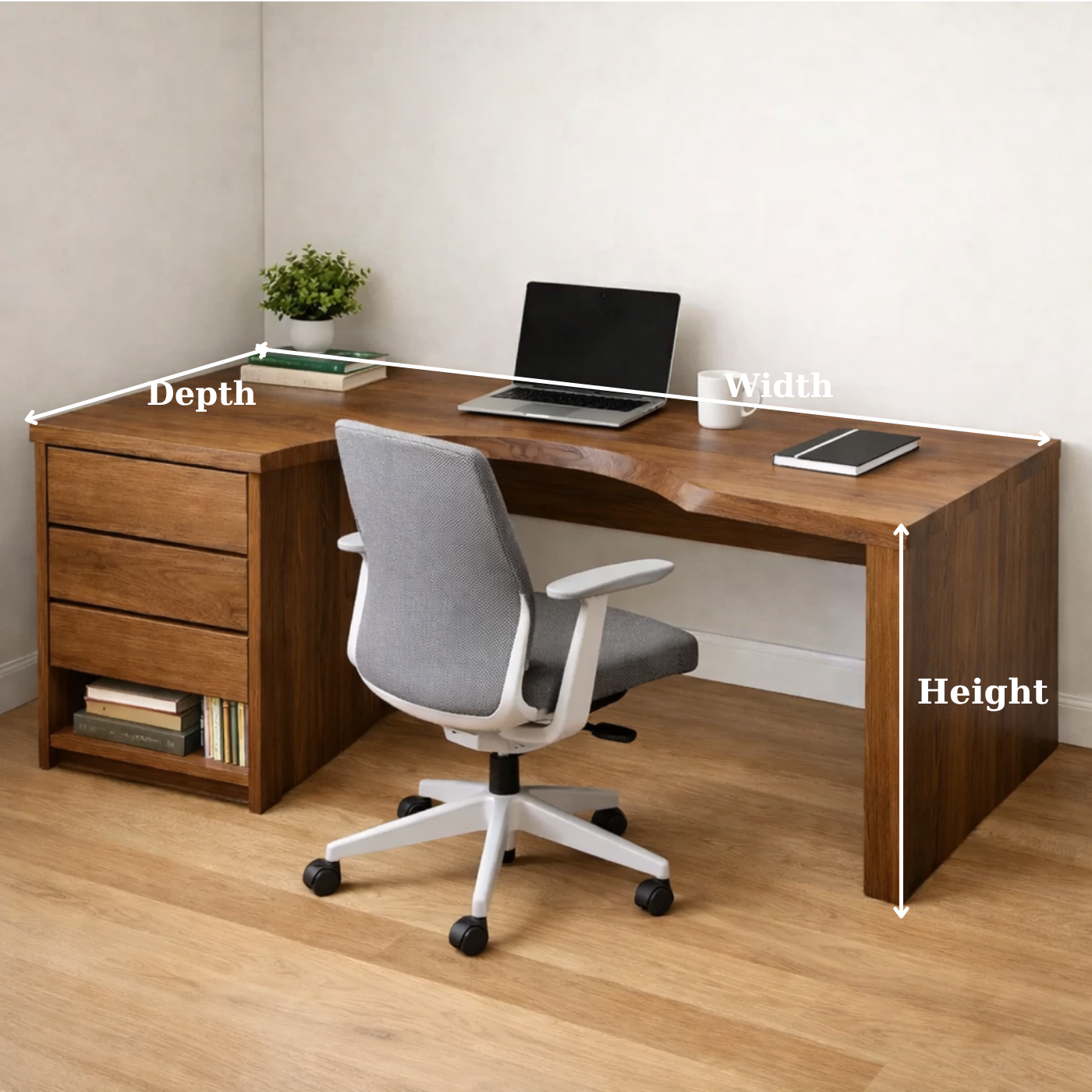 Solid Wood Study Desk with Storage Drawers and Curved Ergonomic Cutout
