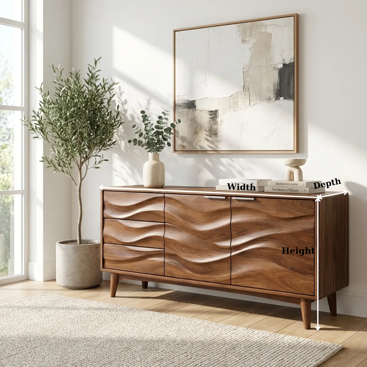 Solid Wood Console Table with Sculptural Wave Front Doors and Modern Storage Design