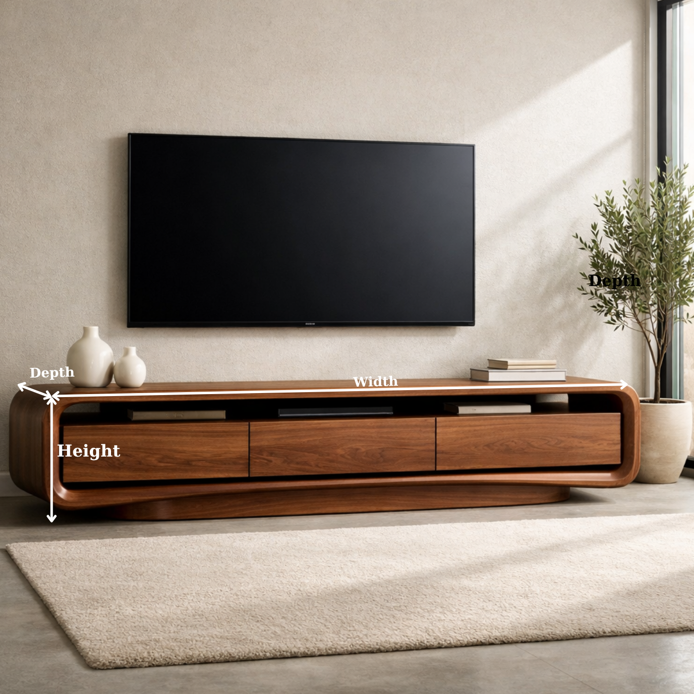 Solid Wood Curved TV Stand with Storage Drawers for Modern Living Room