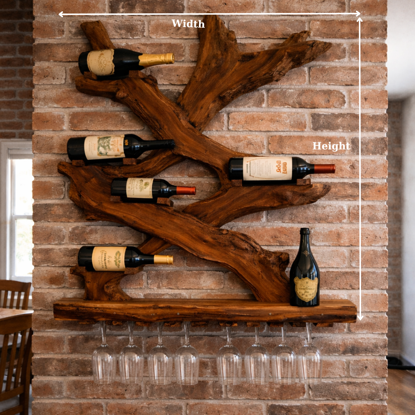 Rustic Solid Wood Wine Rack Wall Mounted with Glass Holder Shelf