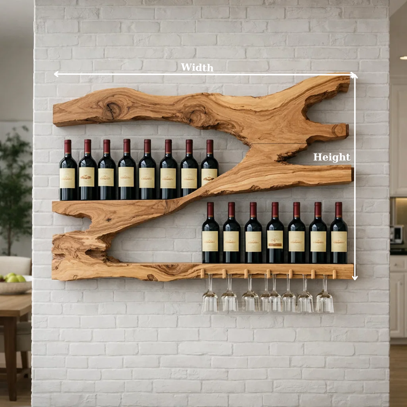Live Edge Solid Wood Wine Rack Wall Shelf with Glass Holder