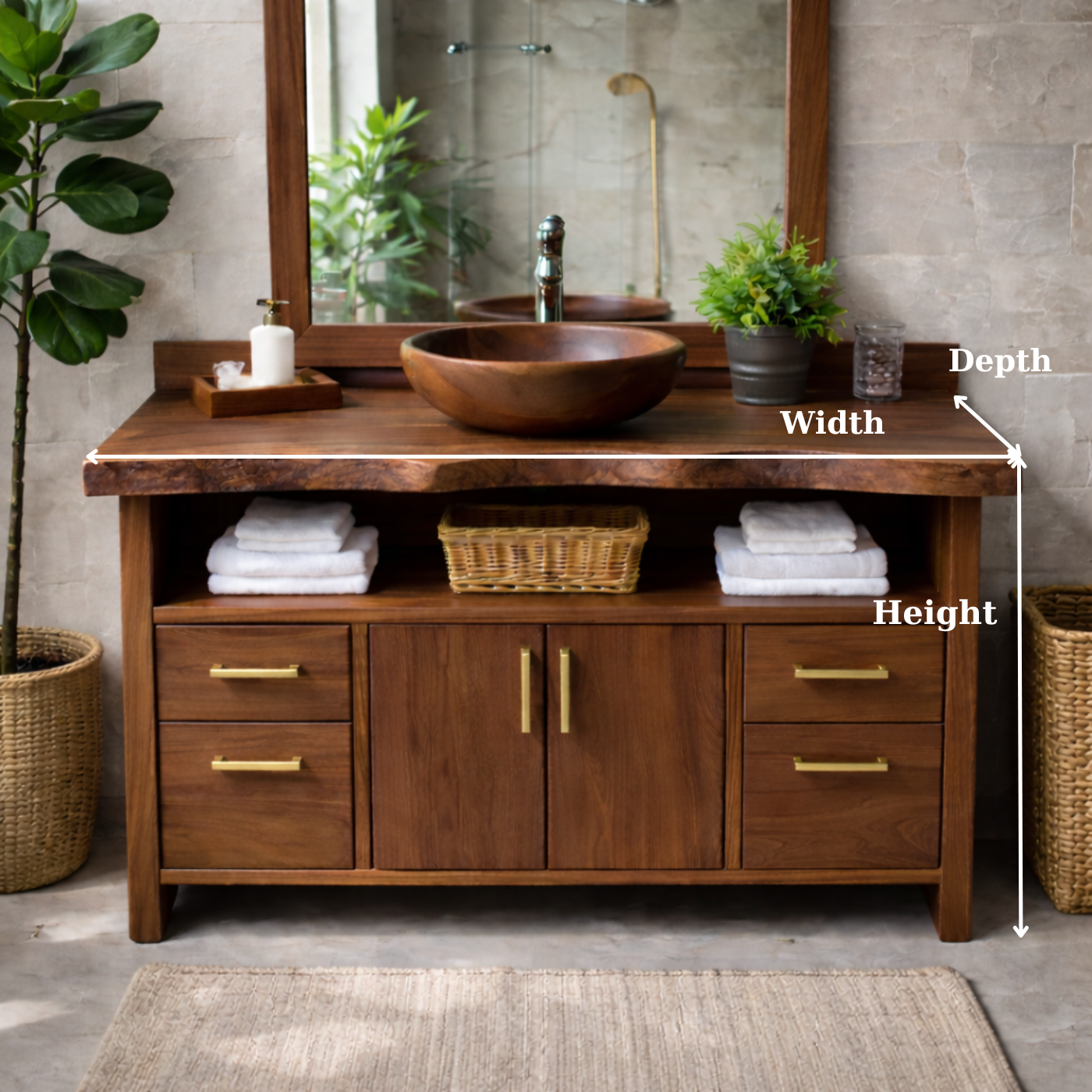 Live Edge Solid Wood Bathroom Vanity with Four Drawers, Double Cabinet Doors and Open Shelf