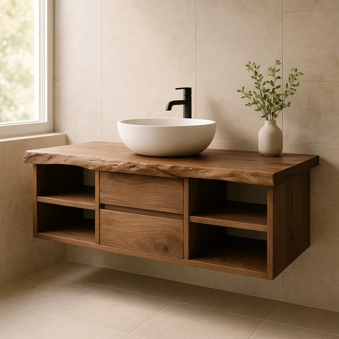 Minimalist Solid Wood Floating Bathroom Vanity with Live Edge Countertop and Dual Open Shelving