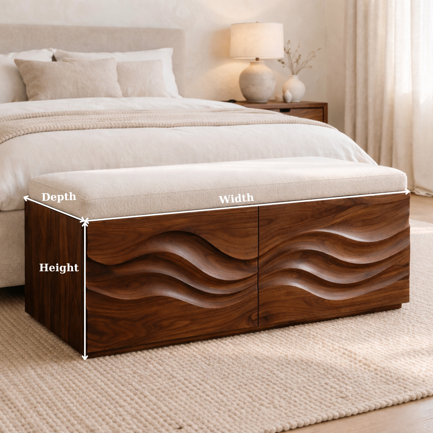 Solid Wood Storage Bench with Wave Carved Front for Bedroom or Entryway