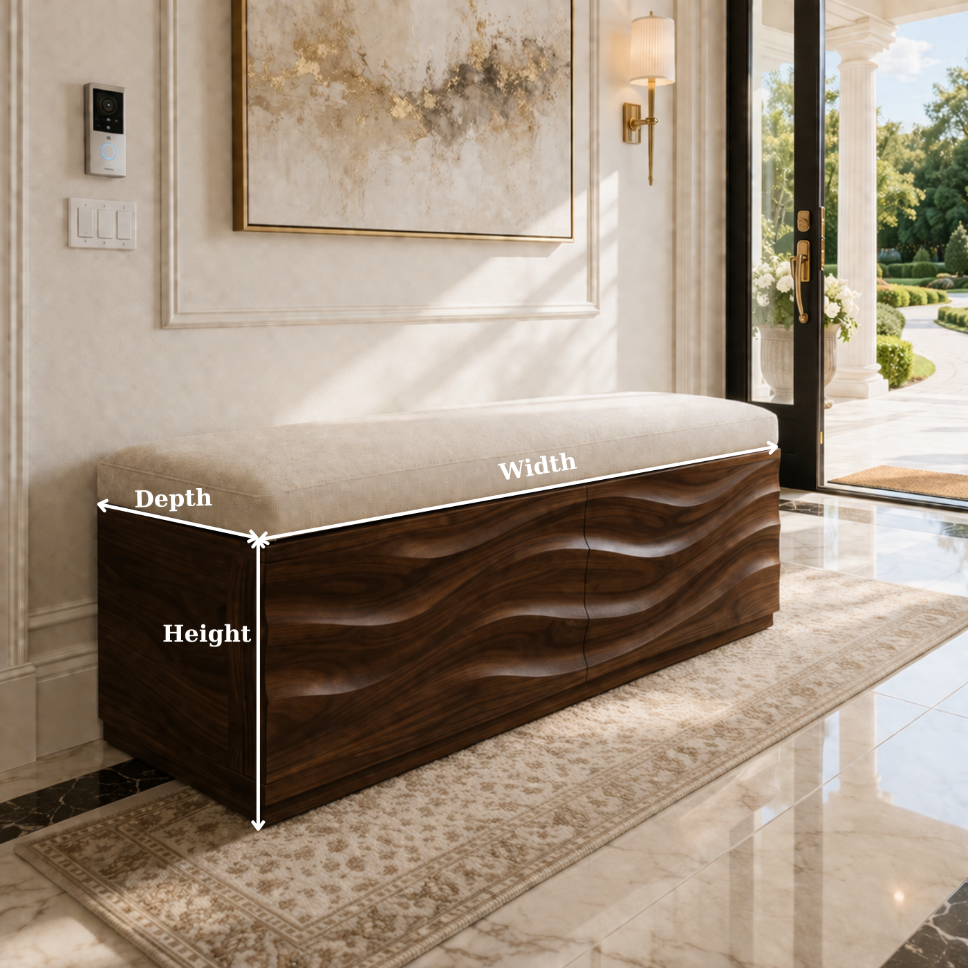 Solid Wood Storage Bench with Upholstered Top and Wave Carved Design