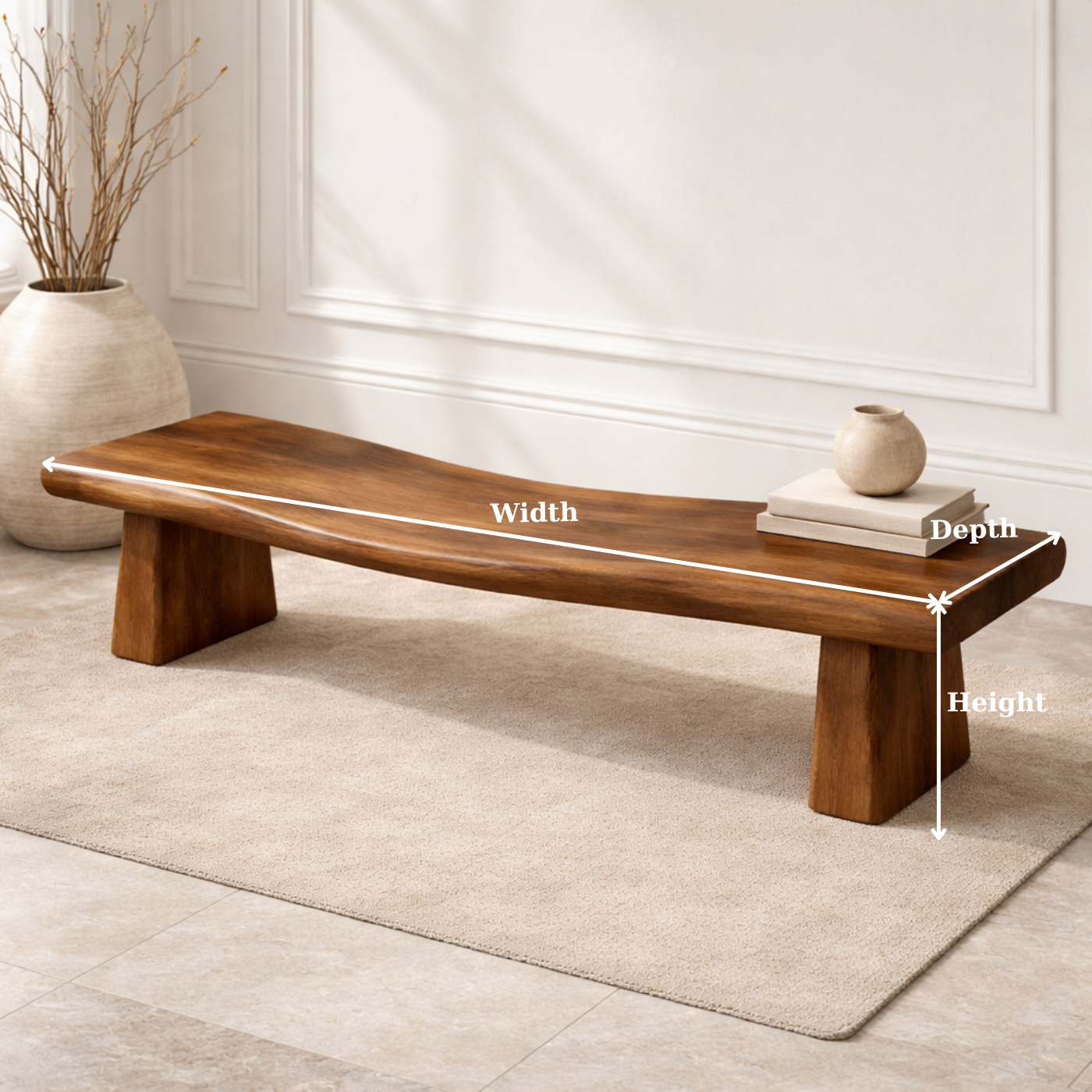Handcrafted Solid Wood Curved Bench with Sculptural Pedestal Legs