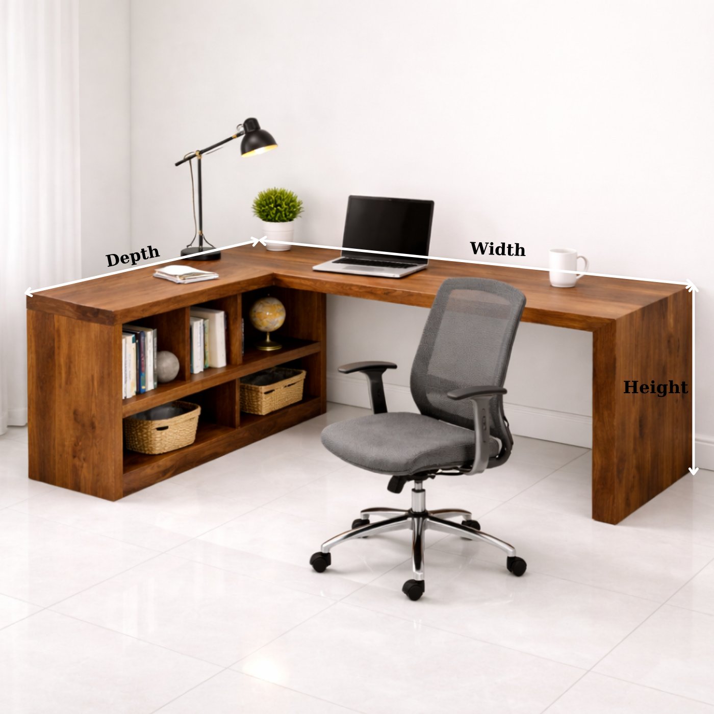 Solid Wood L-Shaped Desk with Open Shelves for Home Office