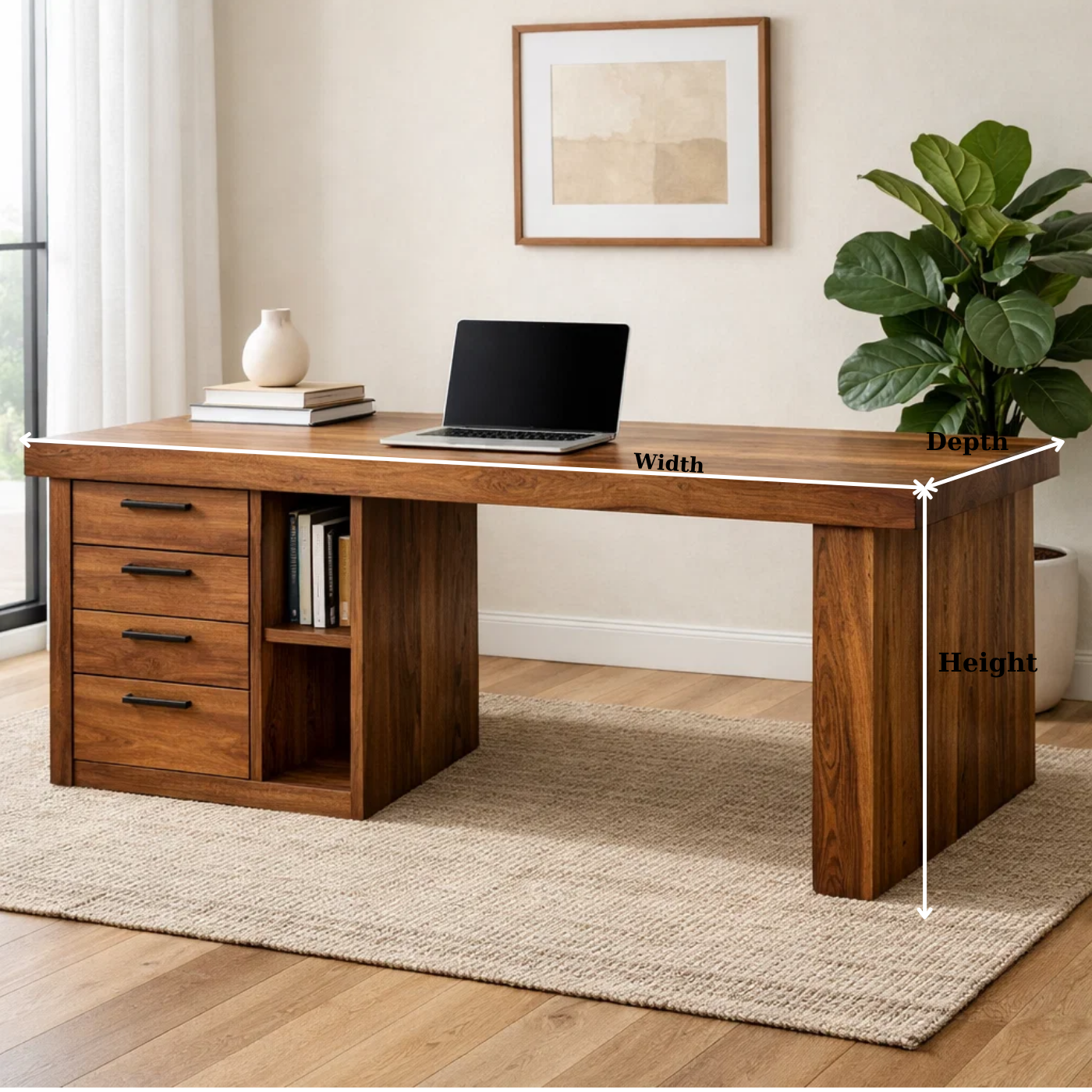 Handcrafted Solid Wood Office Desk with Storage Drawers and Open Shelf