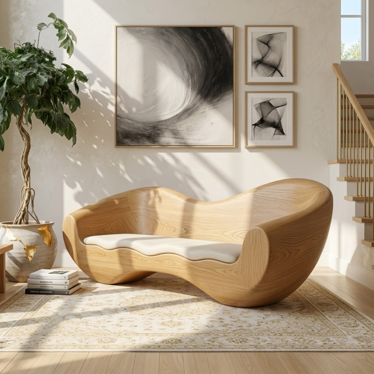 Modern Sculptural Curved Lounge Bench, Organic Minimalist Statement Furniture Piece