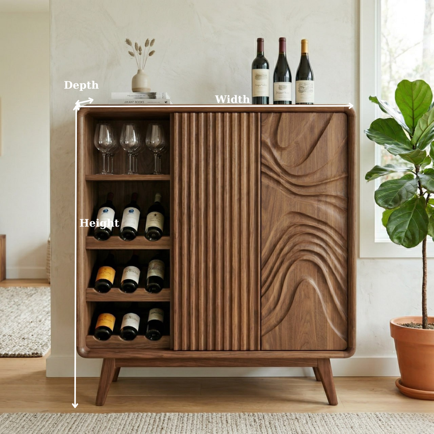 Solid Wood Wine Cabinet with Fluted Panel and Sculptural Door Design