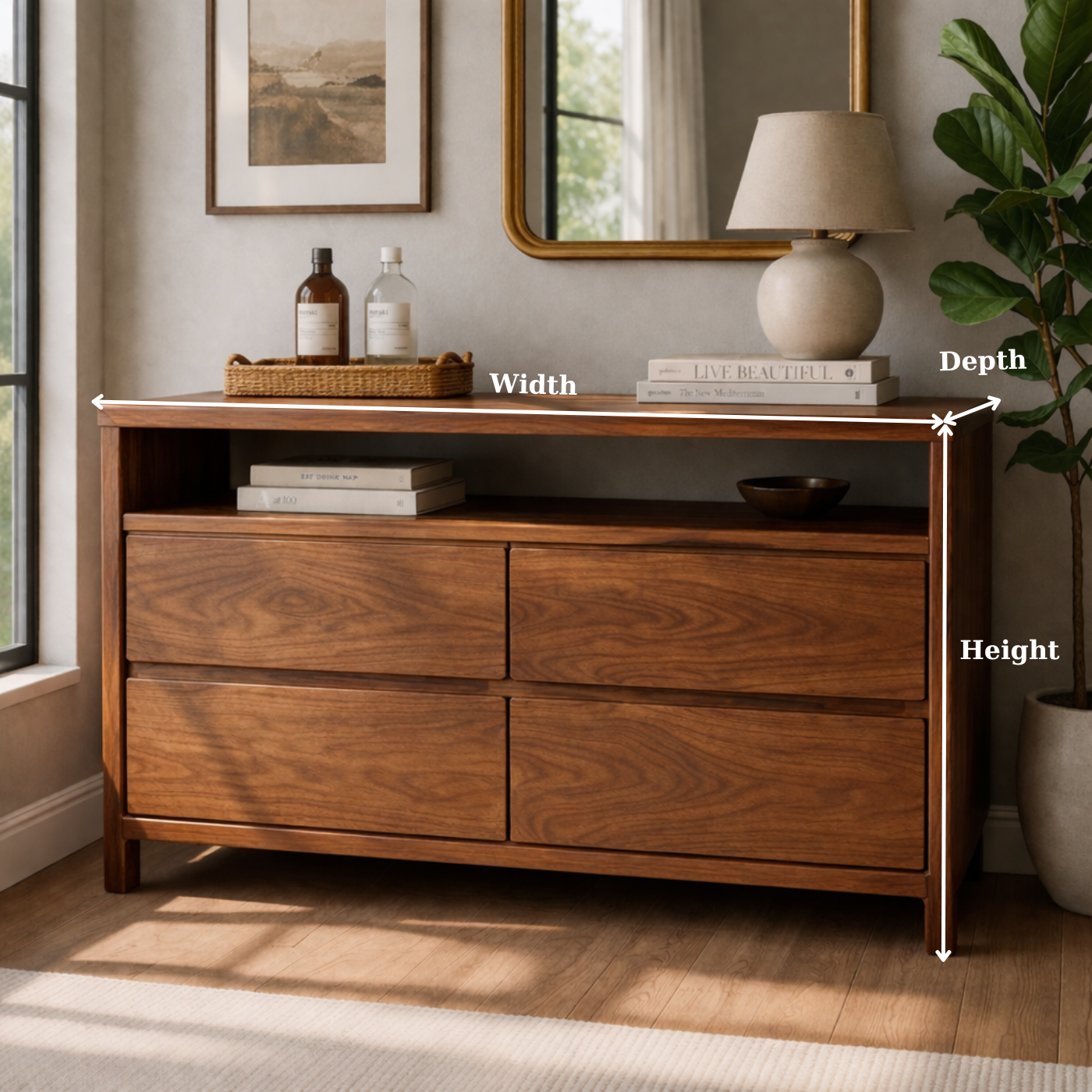 Solid Wood Console Table with Open Shelf and Drawer Storage for Modern Living Room