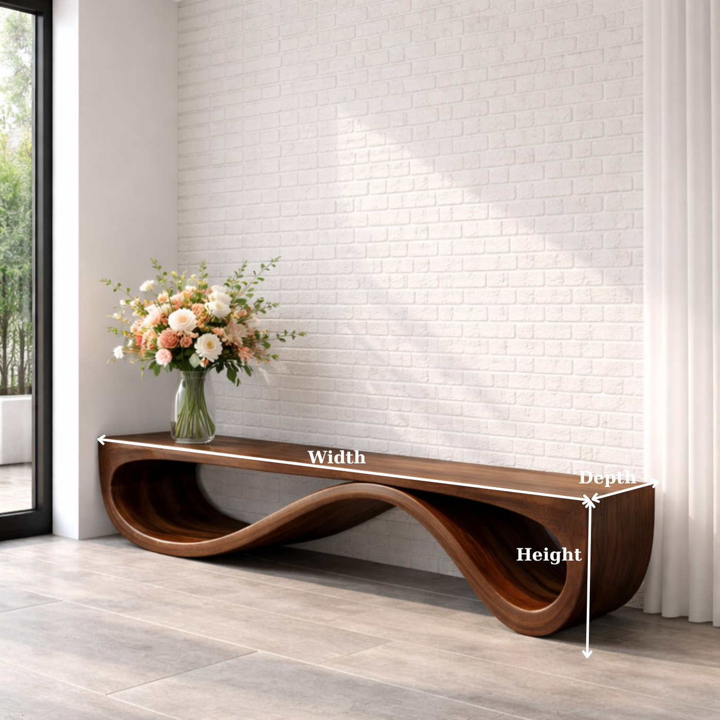 Handcrafted Solid Wood Bench with Sculptural Wave Base Design